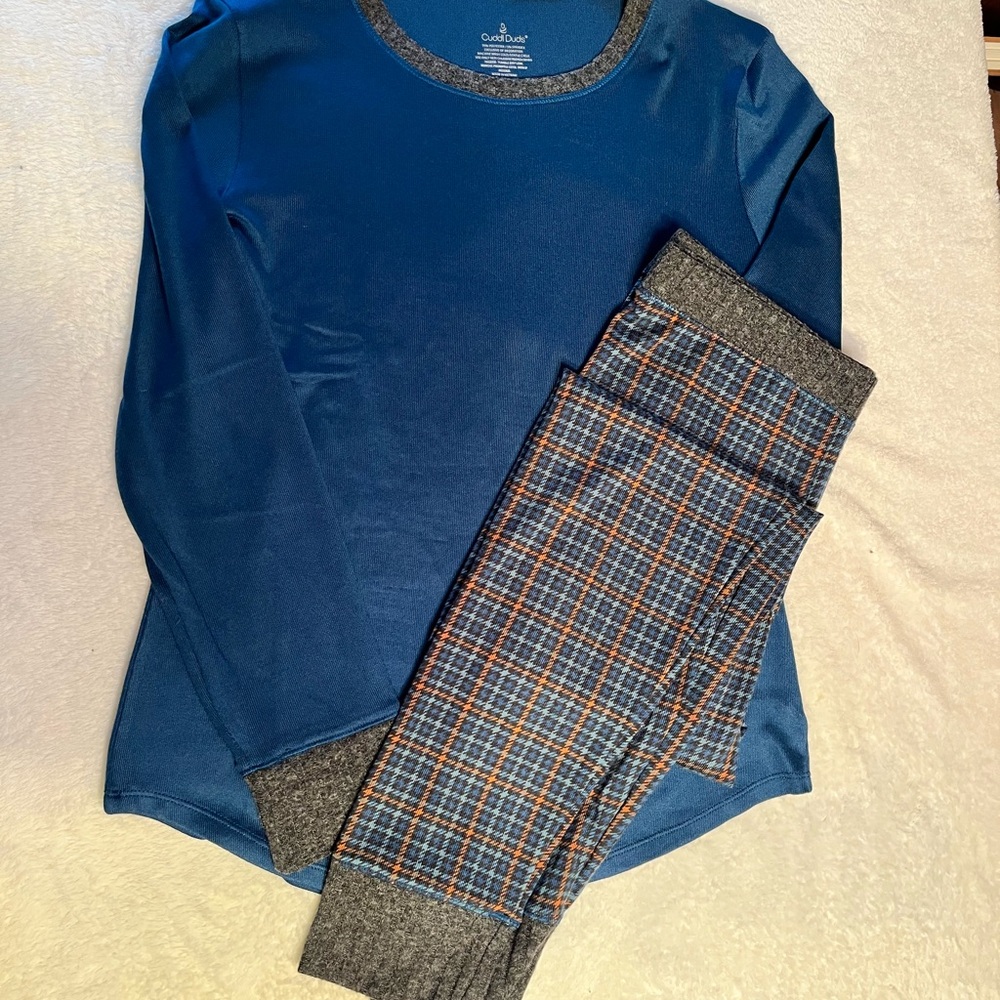 Cuddl Duds 2 Pc Thermal Set Blue Plaid Leggings Long Sleeve Top Women’s M